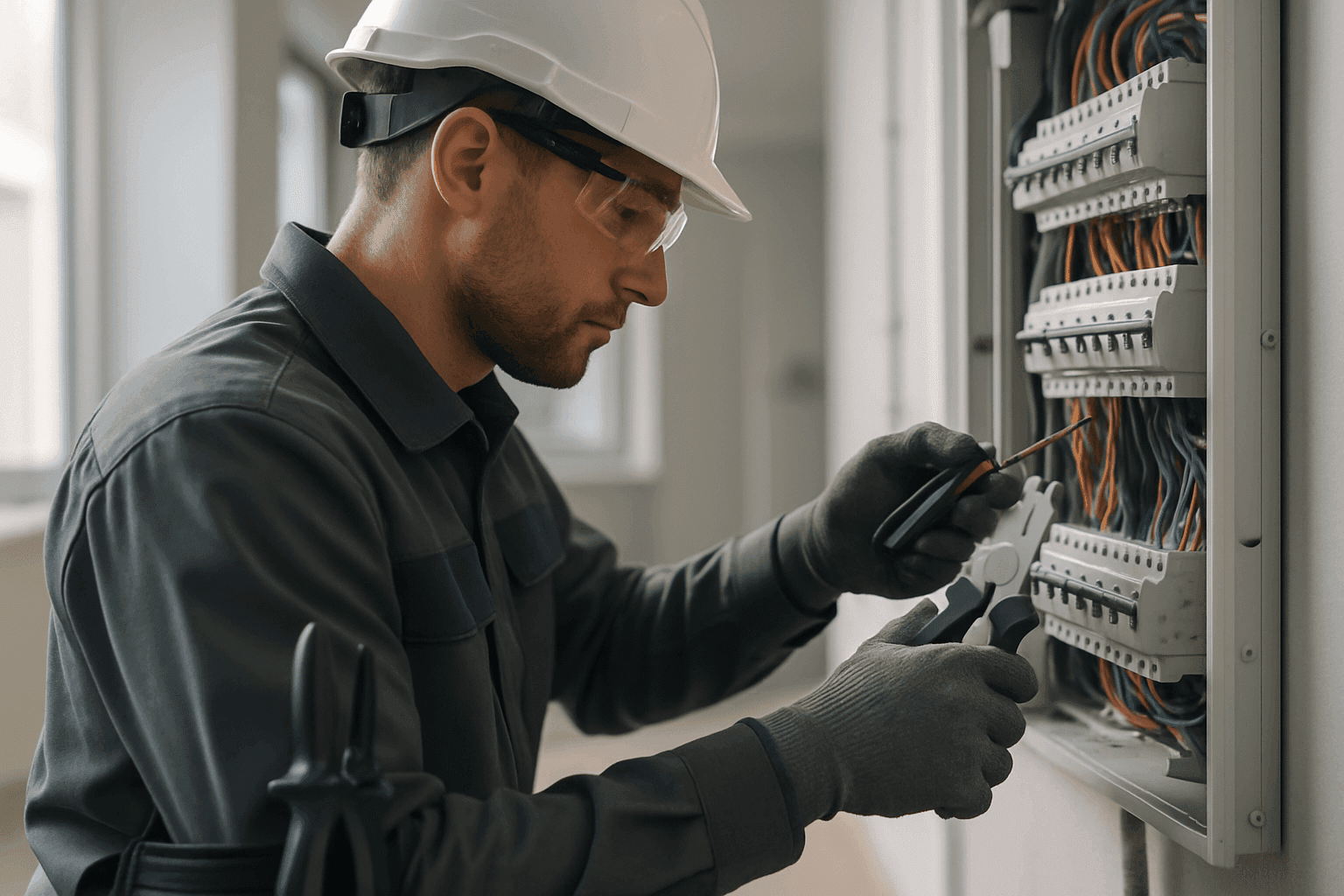 Professional electrician wearing PPE inspecting electrical panels at clean job site