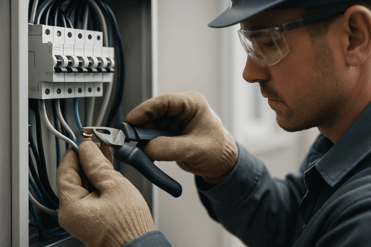 Close-up of electrician’s gloved hands wiring modern electrical panel in tidy workspace